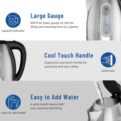 Electric Kettle 1200W Fast Boiling 1.8L Stainless Steel BPA-Free Auto Shut-Off Boil-Dry Protection 360 Swivel Base for Coffee Tea Kitchen