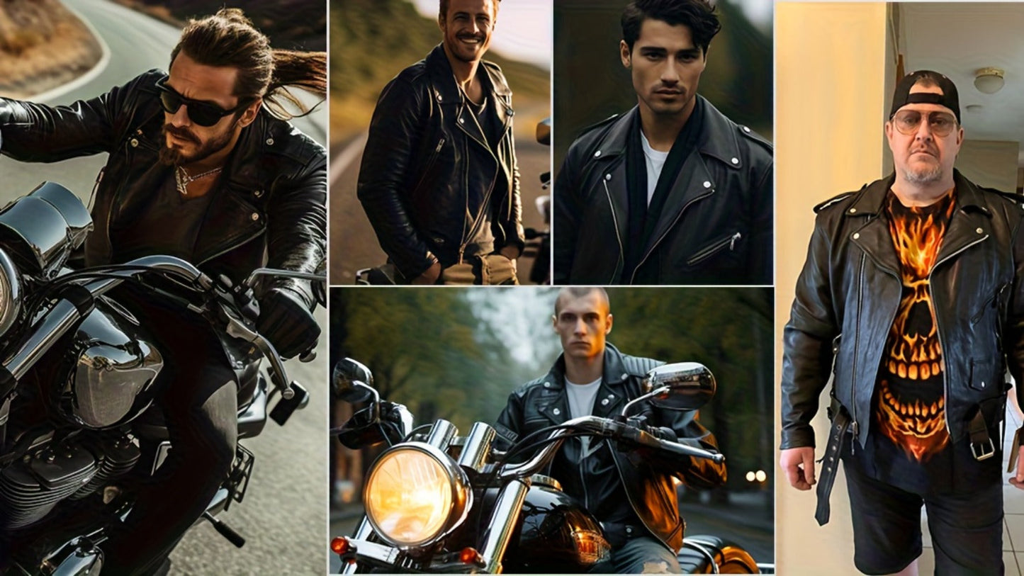 Motorcycle Leather Jacket Men – Heavy Duty Cowhide, Classic Black, Multiple Pockets, Adjustable Laces, Sizes S–XXXXL