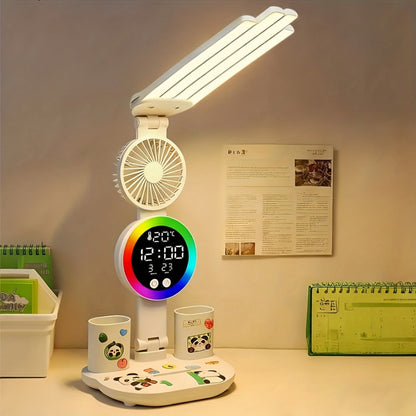 LED Desk Lamp with Built-in Fan & Touch Control, Dual Head Adjustable, USB Charging, 3 Color Modes Dimmable