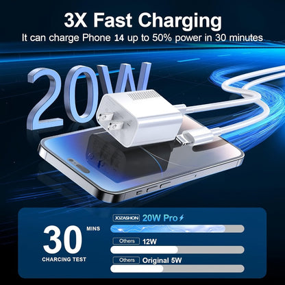 20W iPhone Fast Charger Bundle 3-Pack with 10ft L-Shaped Lightning Cable, 3 Chargers + 3 Cables Set for iPhone 14 13 12 11 Pro Max SE XR