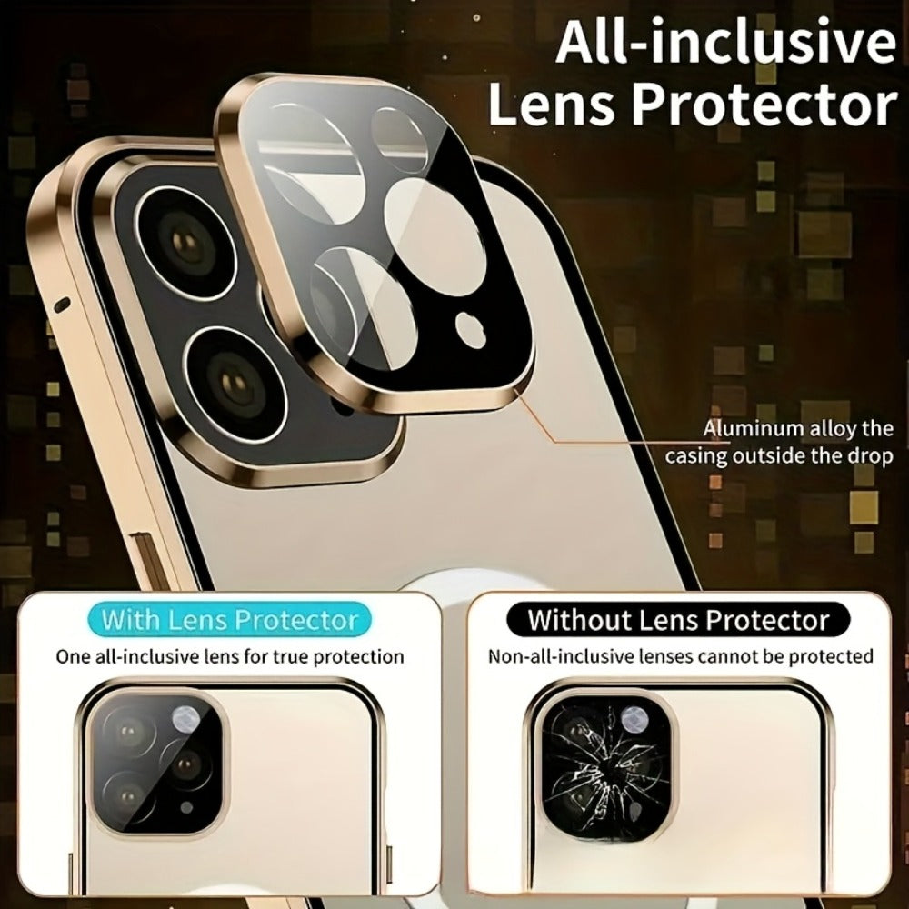Phone Case Privacy Tempered Glass Cover with Aluminum Frame and Snap Lock for Select iPhone 12-17 Models