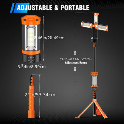 Rechargeable Camping Light 12000mAh with 79 Inch Detachable Tripod Stand, Dimmable 3-Head LED Work Light