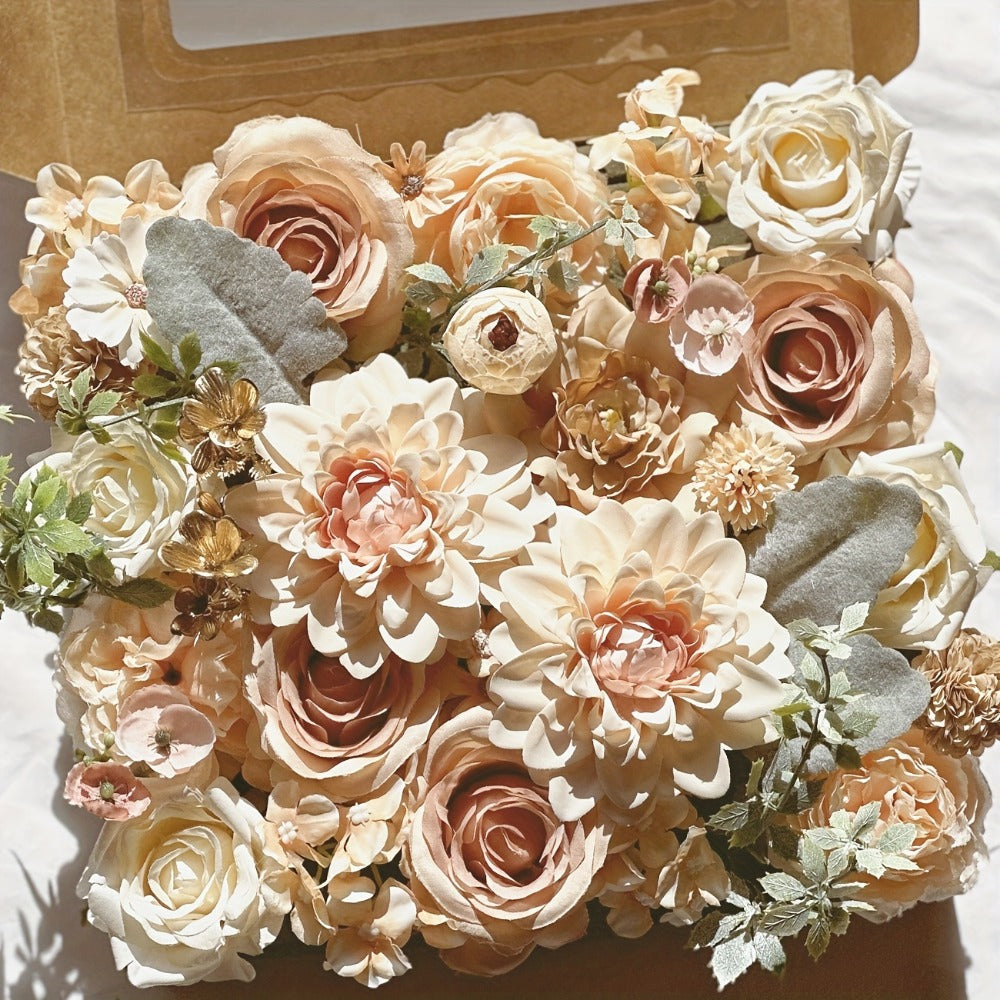 Artificial Flowers Champagne Combo Box with Fabric Blooms, Leafy Wire Stems and DIY Wedding Styling