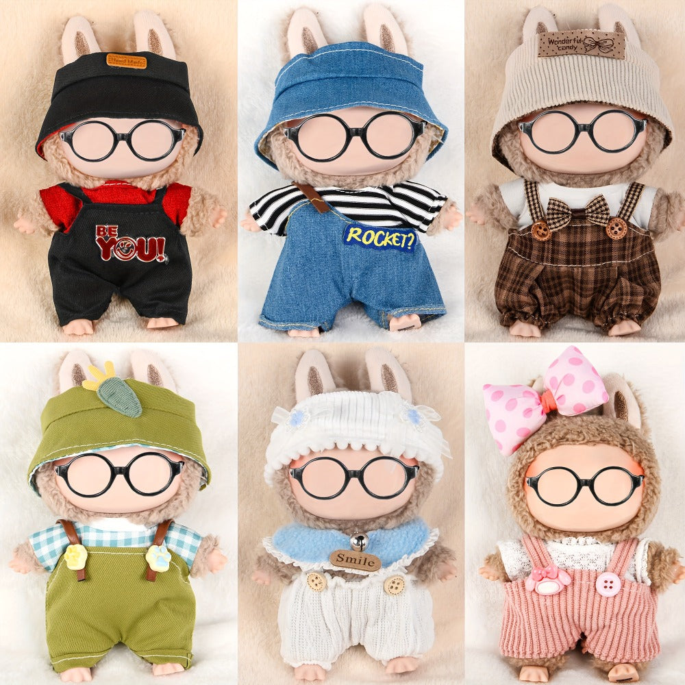Six-Outfit Doll Clothes Set for 17cm Mini Dolls with Coordinated Tops, Shorts, Skirts, Overalls and Hats