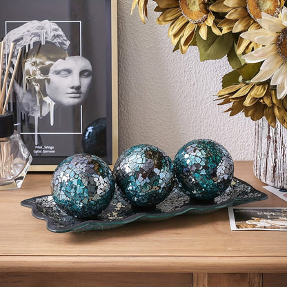Decorative Glass Balls for Bowls 3 Inch Set of 3 with Glass Tray for Entryways, Bedrooms and Living Spaces