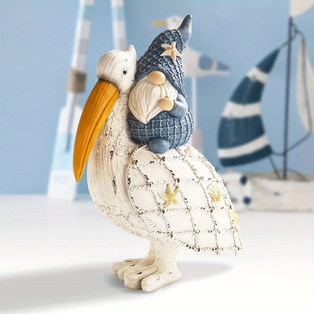 Pelican Gnome Figurine 11.5", Resin Coastal Beach Decor with Starfish & Seashell, Tabletop Statue for Home