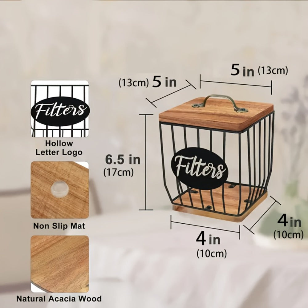 K-Cup Coffee Pod Holder Rack with Lid – Large Capacity Black Metal Square Coffee Capsule Storage Organizer with Wooden Base