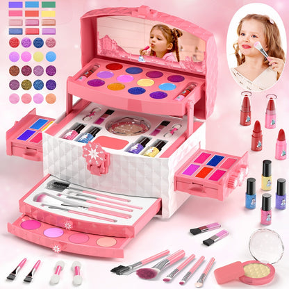 Princess Makeup Set for Girls Ages 3-12, 58 PCS Pretend Play Makeup Kit with Brushes & Case, Skin-Friendly Beauty Toy