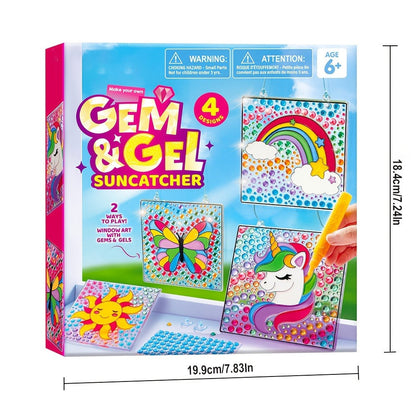 Suncatcher Painting Kit 4pcs for Kids, 2-in-1 Window Art with Gem Stickers & Paint Pens, Butterfly Unicorn Rainbow Sun Designs