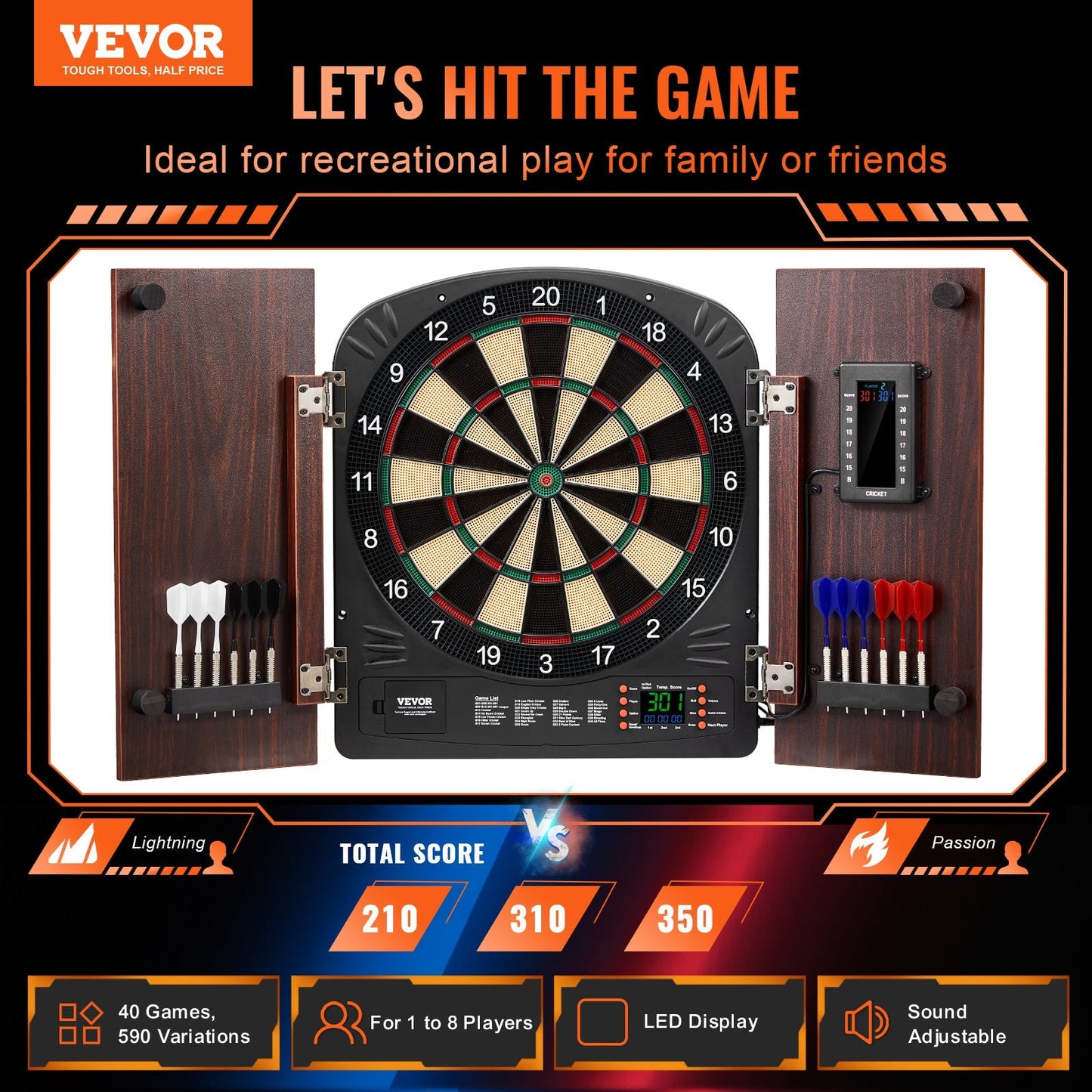 Electronic Dartboard Cabinet Set with LED Scoring – 13.5" Soft Tip, 40 Games 590 Variations, Retro Wood Cabinet, 1-8 Players