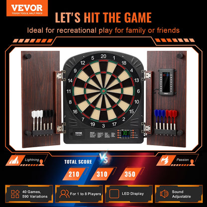 Electronic Dartboard Cabinet Set with LED Scoring – 13.5" Soft Tip, 40 Games 590 Variations, Retro Wood Cabinet, 1-8 Players
