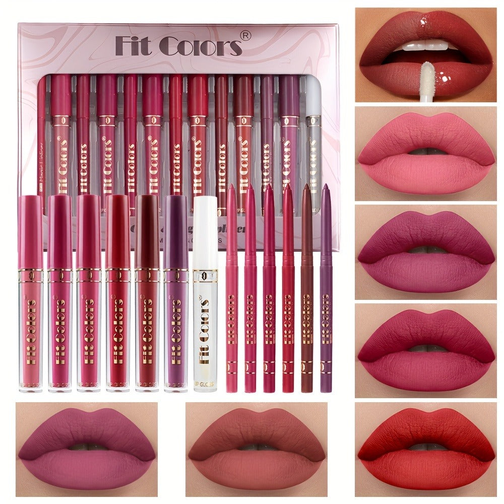 Lip Liner and Lip Gloss Kit 13 Piece Matte Non-Stick Waterproof Pigmented Long-Lasting Moisturizing Lip Glaze Combo Set for Defined Glossy