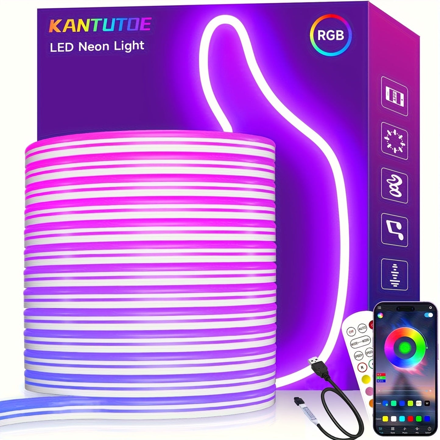 RGB LED Neon Light Strip Flexible Rope Light, App & Remote Control Color Changing for Bedroom Gaming Room Party Outdoor Indoor Decor
