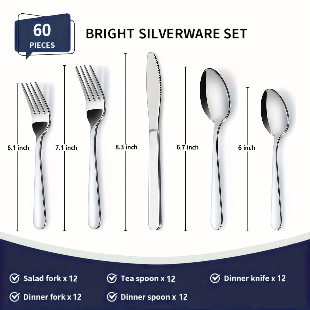 Stainless Steel Flatware Set in 60- or 90-Piece Silver Configurations with Five-Piece Place Settings