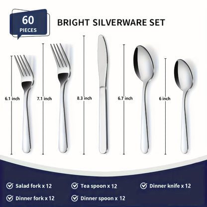 Stainless Steel Flatware Set in 60- or 90-Piece Silver Configurations with Five-Piece Place Settings