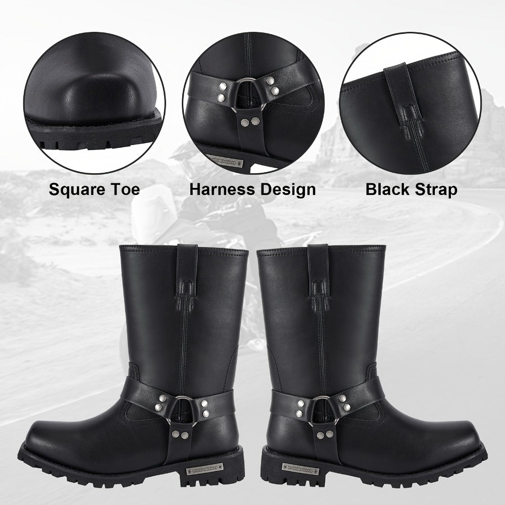 Men's Motorcycle Boots 11" Harness – PU Leather Non-Slip Square Toe Mid-Calf Biker Boots, Abrasion Resistant All-Season Riding Boots