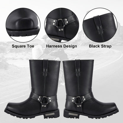Men's Motorcycle Boots 11" Harness – PU Leather Non-Slip Square Toe Mid-Calf Biker Boots, Abrasion Resistant All-Season Riding Boots