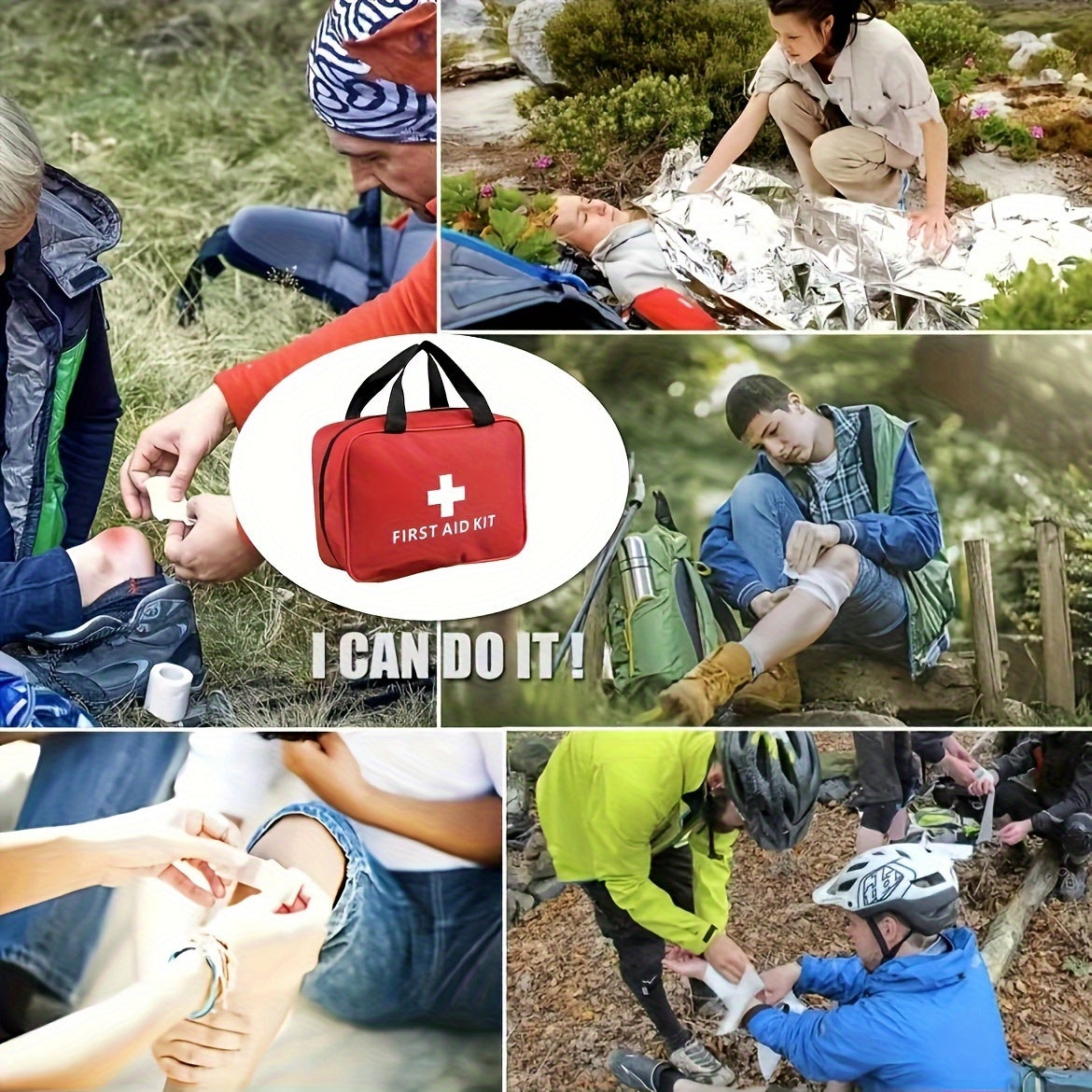 152-Piece First Aid Supply Kit in Compact Red Handled Bag with Pictured Packets and Small Tools