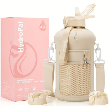 74oz Water Bottle Set with Two-Pocket Storage Sleeve, Phone Holder, Straw and Chug Lids, and Three Dark Prints