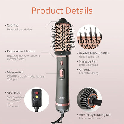 Negative Ion Hair Dryer Brush 4-in-1 Hot Air Styler, Curl, Straighten, Scalp Massage & Blow Dry, Adjustable Heat & Wind Speed