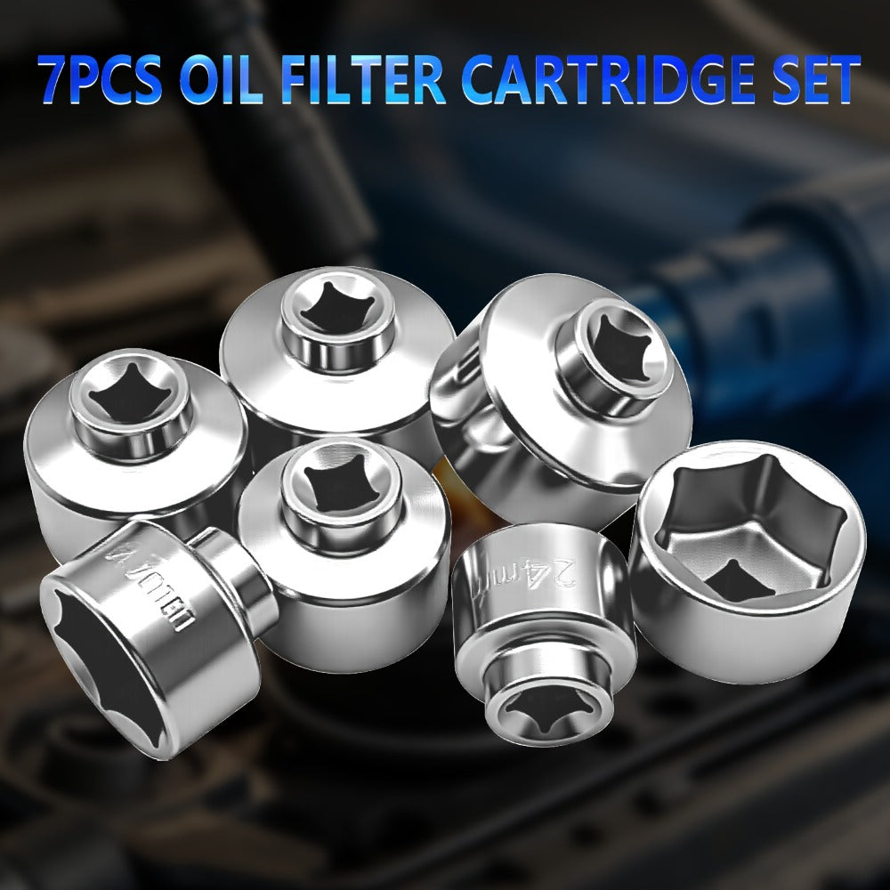 7-Piece Oil Filter Wrench Socket Set – CR-V Steel Hexagonal Cap Wrenches 24mm to 38mm, 3/8-Inch Drive, Universal Fit for Car Oil Filter