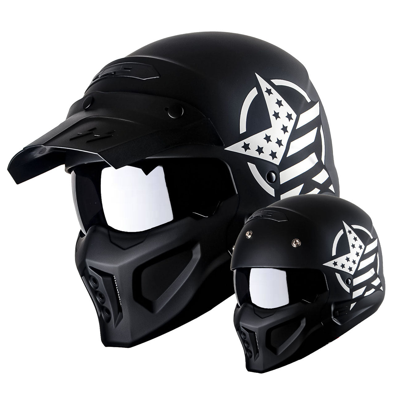 Motorcycle Helmet Convertible Full/Open-Face Shell with Detachable Mask, Smoked Shield, S-XL Sizes and Multiple Styles