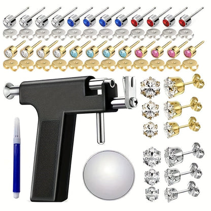 Ear Piercing Gun Kit 36pcs - 24 Stainless Steel Studs & 12 Crown-Shaped Earrings with Reusable Black Piercing Tool
