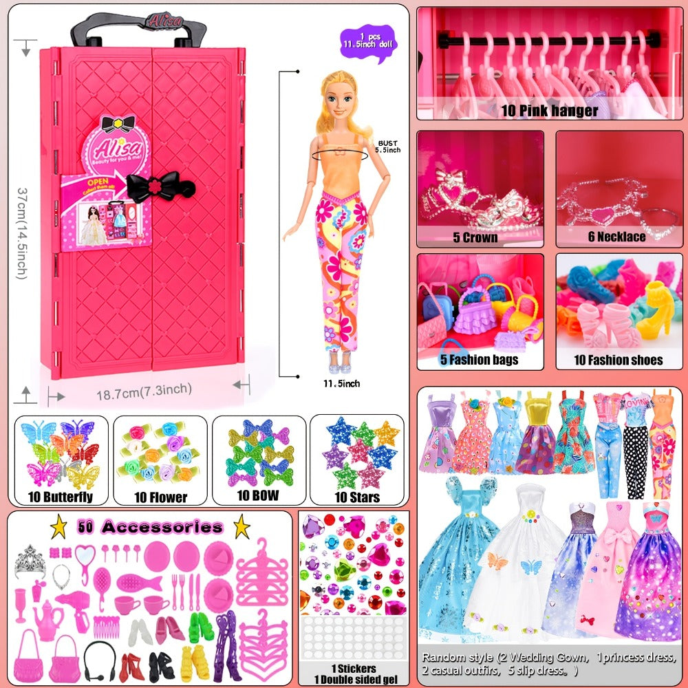 Fashion Doll Wardrobe Set 140pcs for 11.5 Inch Dolls, Deluxe Closet with Wedding Dress, Evening Gowns
