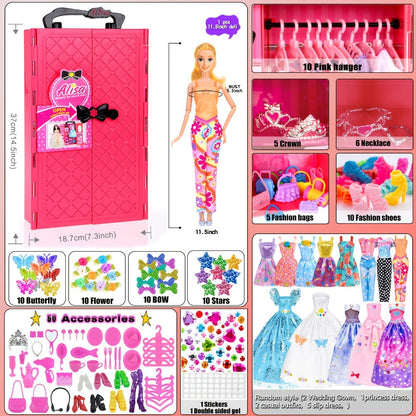 Fashion Doll Wardrobe Set 140pcs for 11.5 Inch Dolls, Deluxe Closet with Wedding Dress, Evening Gowns
