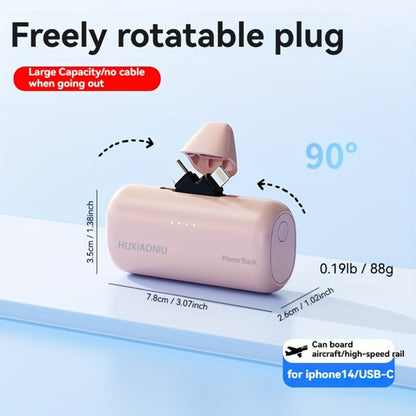 Power Bank 5000mAh Mini with Rotating 2-in-1 Lightning/USB-C Plug and Battery Indicator in Black or Pink