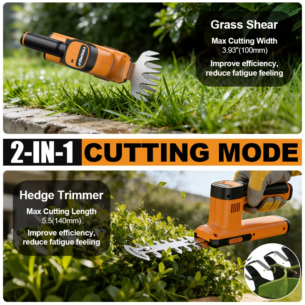 Electric Hedge Trimmer 2-in-1 Cordless with Rechargeable Lithium Battery, Brushless Motor Pruning Shears & Grass Shrub Cutter for Garden