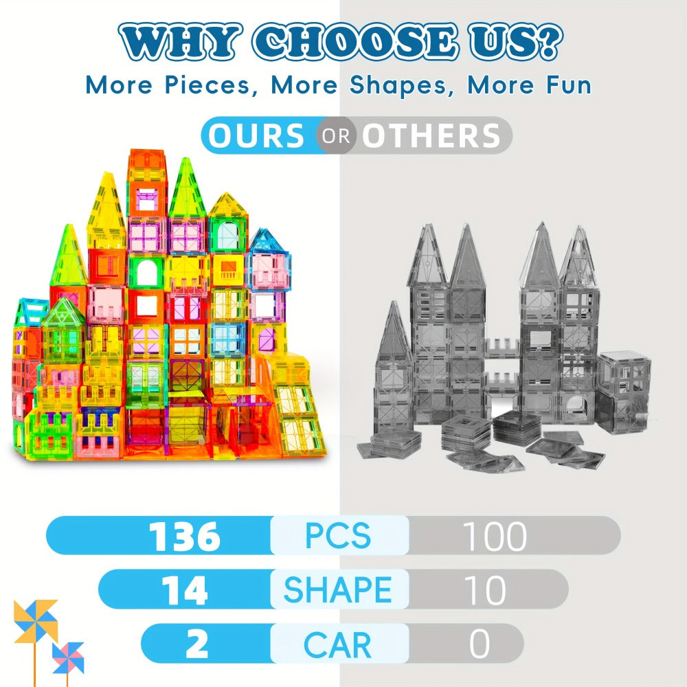 Magnetic Tiles for Kids 106/136pcs with 2 Toy Cars – STEM Approved Educational Magnet Building Blocks Set Stacking Puzzle Toy for Boys
