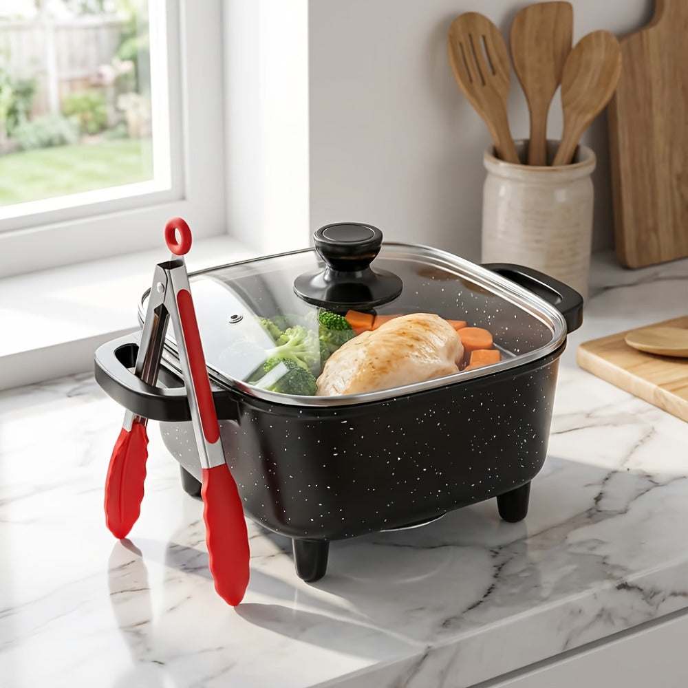 Electric Mini Square Hot Pot 8-Inch Non-Stick Speckled Coating Glass Lid Cool-Touch Handle for Home Cooking, Dining and Outdoor Meals