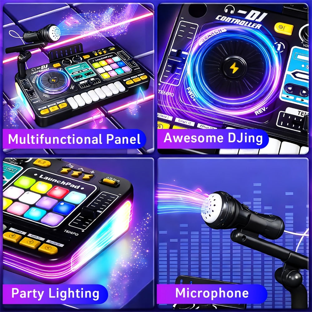 Kids DJ Mixer Toy Set with LED Lights, Microphone & Piano Keys, 100+ Sound Effects, Disco Mode, Rechargeable