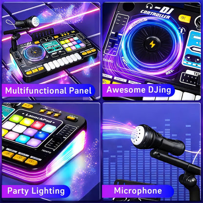 Kids DJ Mixer Toy Set with LED Lights, Microphone & Piano Keys, 100+ Sound Effects, Disco Mode, Rechargeable