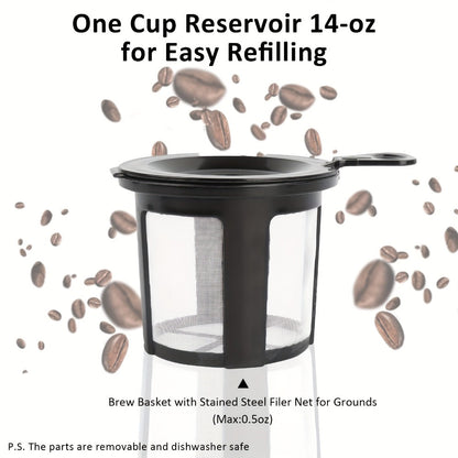 Single-Serve Coffee Maker for Pods or Grounds with 6-14oz Fill Labels, One-Button Control and Four Colors