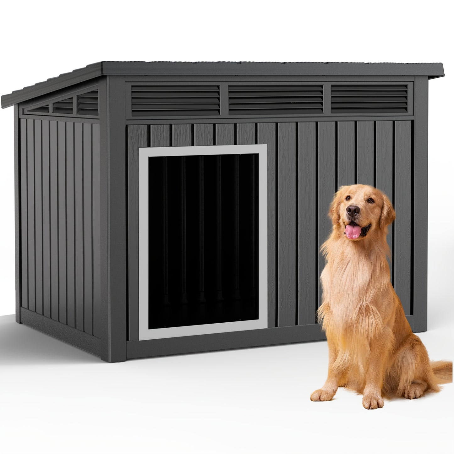 Outdoor Dog House Resin Kennel – All-Weather Slant Roof Dog Villa with Gas-Lift Ventilated Canopy, UV & Stormproof, Removable Top