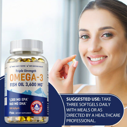 Triple Strength Omega 3 Fish Oil 120 Capsules with High EPA & DHA for Eye, Brain & Heart Health, Joint & Immune Support for Men & Women