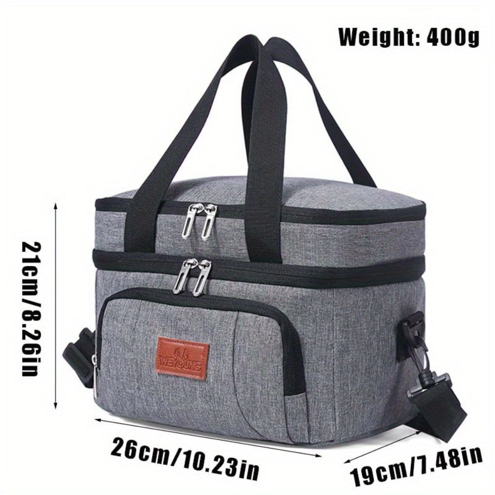Double-Deck Lunch Tote with Front Pocket and Shoulder Strap in Gray, Blue, Black or Pink Options