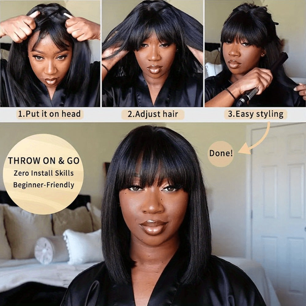 Straight Bob Wig with Bangs Human Hair 3x1 Lace Part Pre-Plucked Glueless Brazilian Short Bob 150 Density 1B/30 Highlight Natural Black