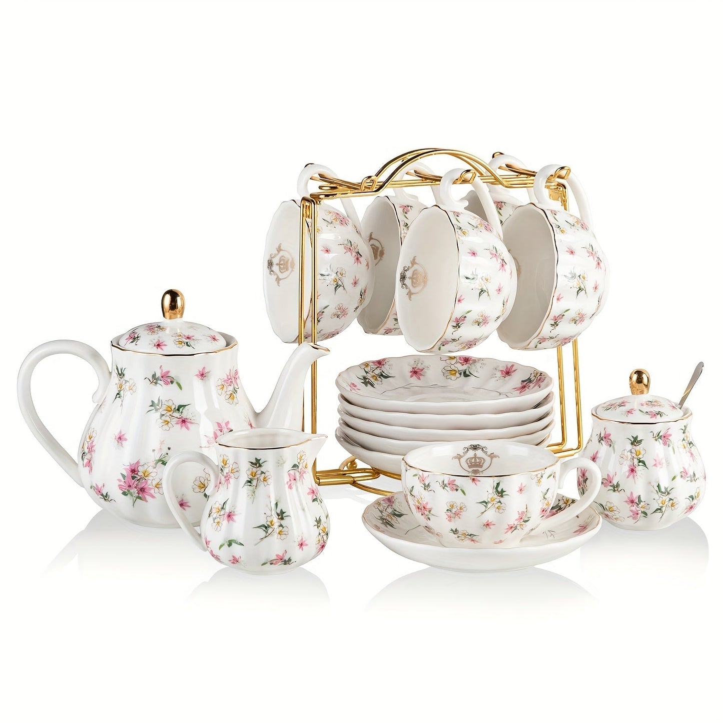 Porcelain Tea Set Service for 6 British Royal Floral Design with Teapot Sugar Bowl Cream Pitcher Teaspoons Tea Strainer 8oz Cups Saucers
