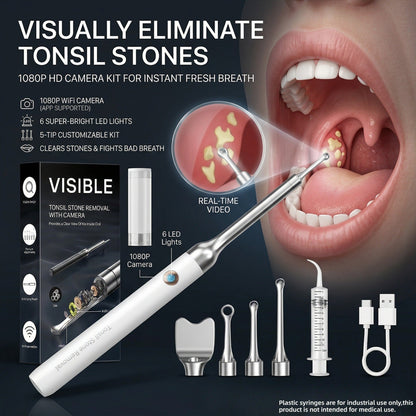 Tonsil Stone Remover with Camera 1080P HD Visual Oral Care Kit - 6 LED Lights, 5 Stainless Steel Tips