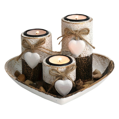 Wooden Candle Holder Set of 4, Love Heart Tray, Tea Light Holder, Knot Bow Decoration & Decorative Stone Bowl for Home Decor