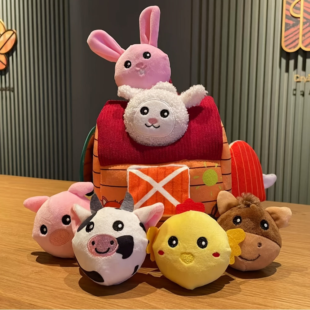 Farm Playset Baby Toy with 6 Plush Animals, Barn, Rattle, Crinkle & Mirror, Portable Sensory Learning Toy for Babies & Toddlers