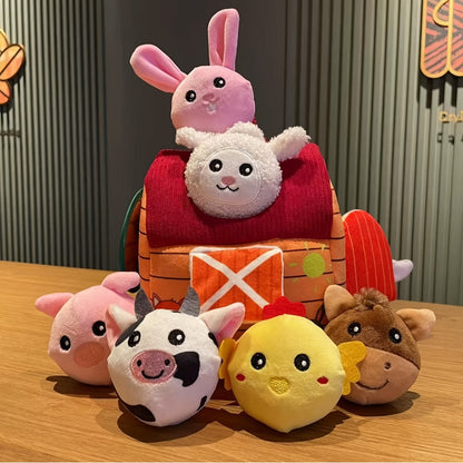 Farm Playset Baby Toy with 6 Plush Animals, Barn, Rattle, Crinkle & Mirror, Portable Sensory Learning Toy for Babies & Toddlers