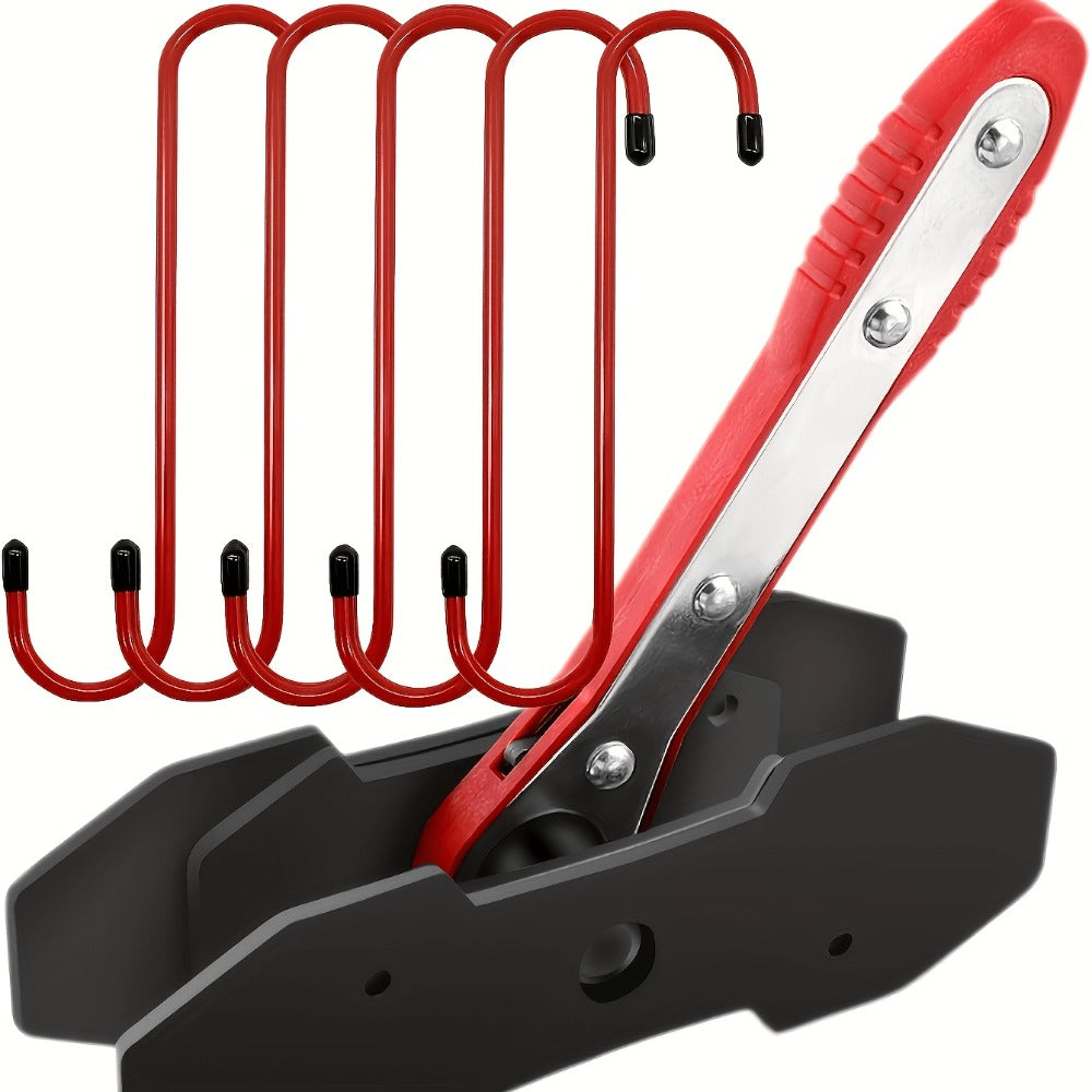 Red-Handle Brake Caliper Piston Press with Channel Plates and Two- or Five-Hook Bundles Pictured