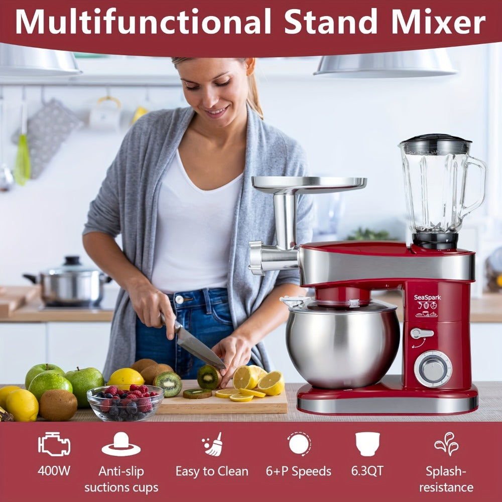 Stand Mixer 6-in-1 400W with 6.3QT Stainless Steel Bowl for Home Cooking, Dining and Outdoor Meals