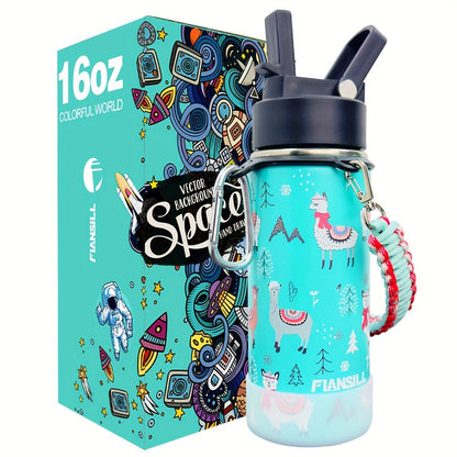 FIANSILL 16oz Stainless Steel Water Bottle with Flip-Up Straw Lid, Wrist Strap, Carabiner and Eight Prints