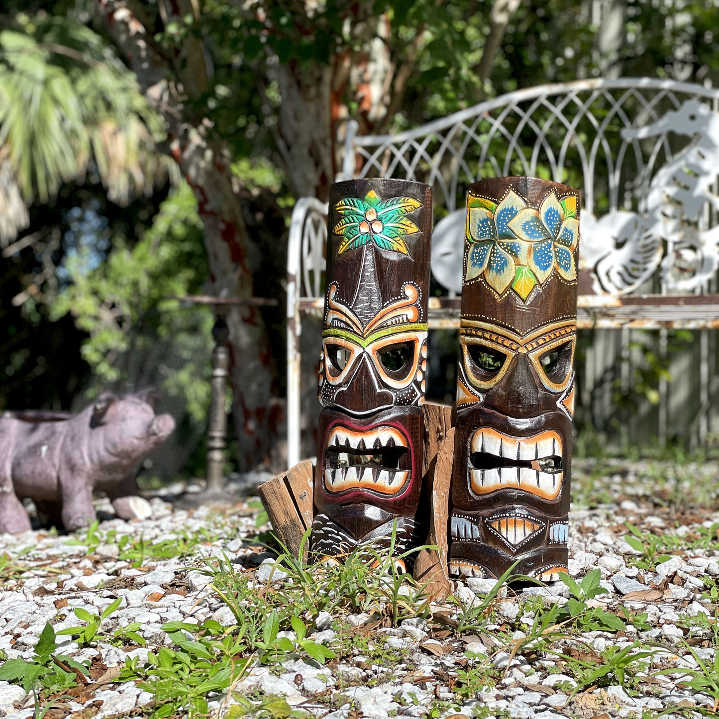 Tiki Wall Masks Set of 2 – Hand Carved Wooden 20" Tropical Decor with Palm Tree & Plumeria Designs for Indoor Outdoor Patio Bar