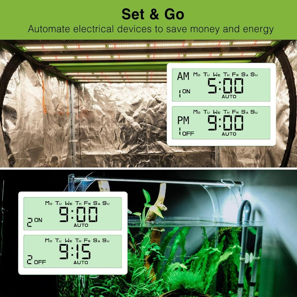 7-Day Digital Programmable Timer with Dual Outlet - Indoor Electric Timer for Hydroponics, Lamp, Light